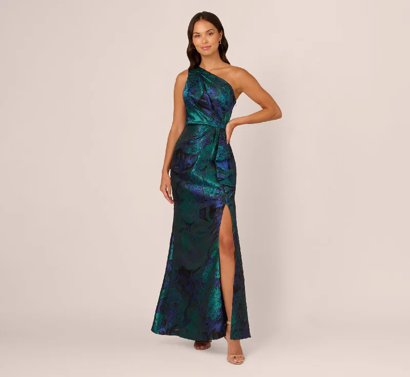 Look and feel your best in our women’s wear   One Shoulder Jacquard Mermaid Gown With Drape Detail In Cobalt Teal