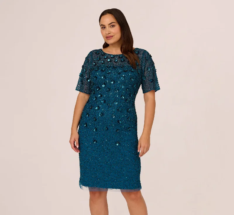 Plus Size Beaded Cocktail Dress In Teal Sapphire