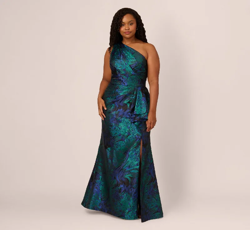 Elevate your look with premium women’s wear   Plus Size One Shoulder Jacquard Mermaid Gown With Drape Detail In Cobalt Teal