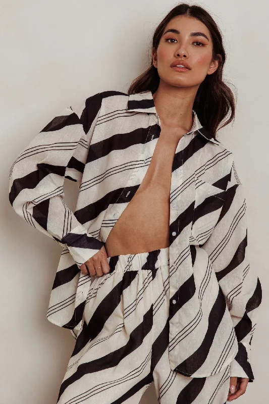 Casual yet chic women’s outfits for work or play   Alex Long Sleeve Striped Print Shirt Black Cream