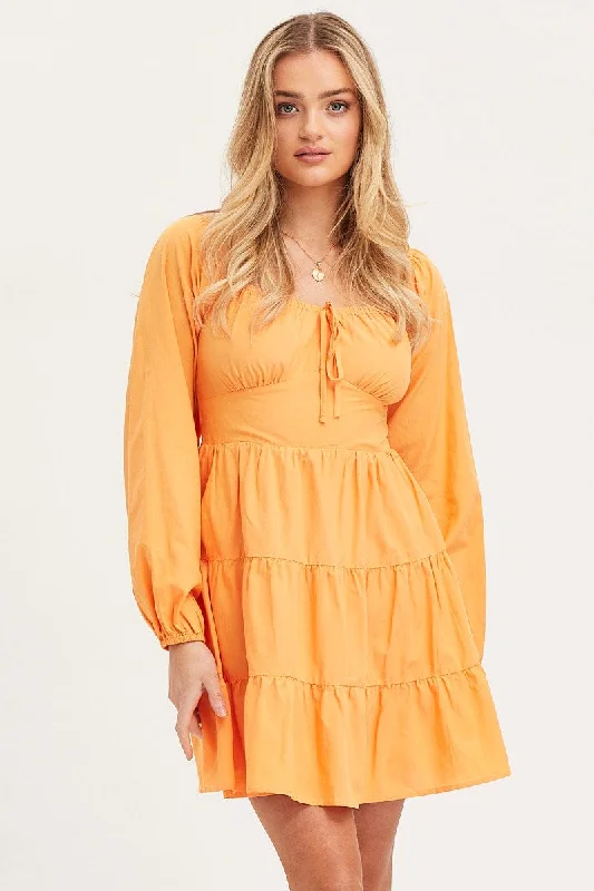 Orange Fit And Flare Dress Long Sleeve Square Neck