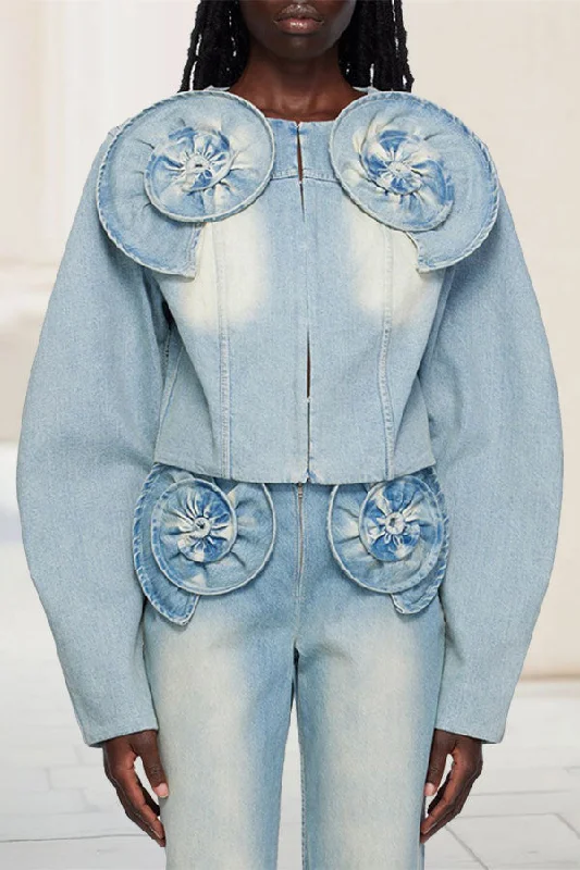 3D Flower Decor Dramatic Gradient Denim Jacket & Jeans