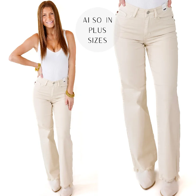 Last Chance Size 22W | Judy Blue | New Attention 90's Destroy Hem Straight Leg Jeans in Light Khaki