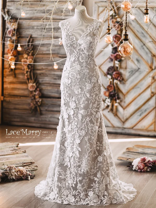 MARIE / Boho Wedding Dress with Colored Underlay