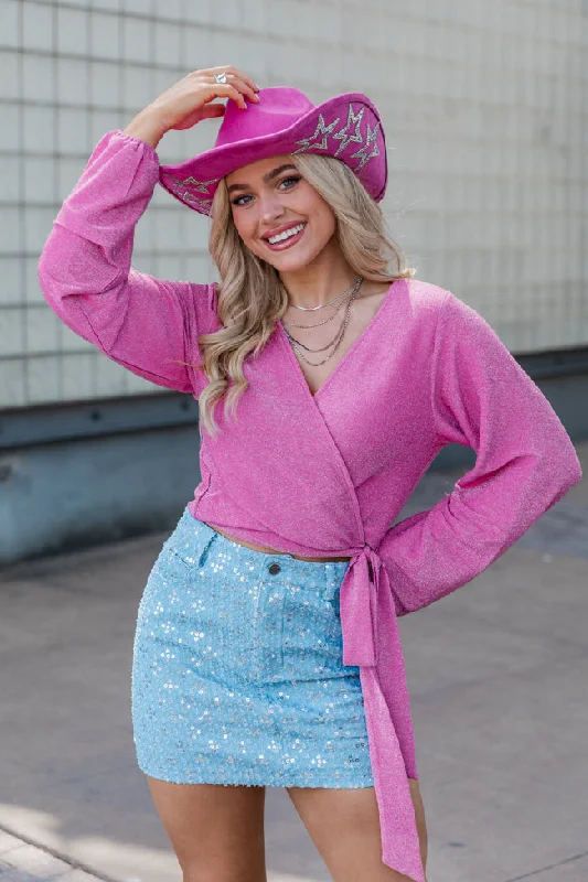 Effortlessly stylish outfits for the modern woman   Table For Two Pink Shimmer Wrap Blouse FINAL SALE