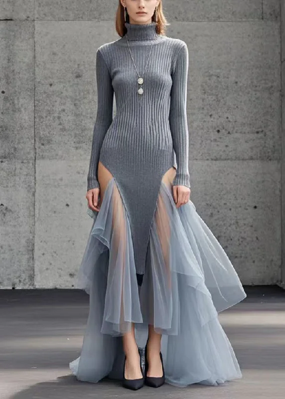 Refresh your closet with chic and comfy styles   French Grey Asymmetrical Patchwork Tulle Sweater Dress Winter