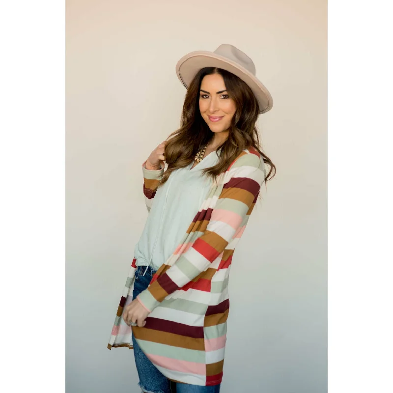 Create a timeless wardrobe with fashionable pieces   Muted Striped Tunic Cardigan