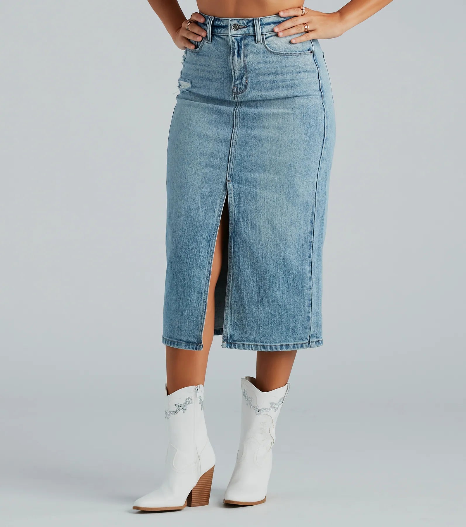 Chic and comfortable clothing for busy women   All That Denim Slit Midi Skirt