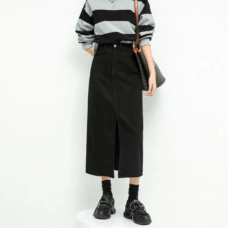 A perfect wardrobe for fashionable women   Split Denim Skirt High Waisted Loose A-Line Skirt Elegant Black Skirt