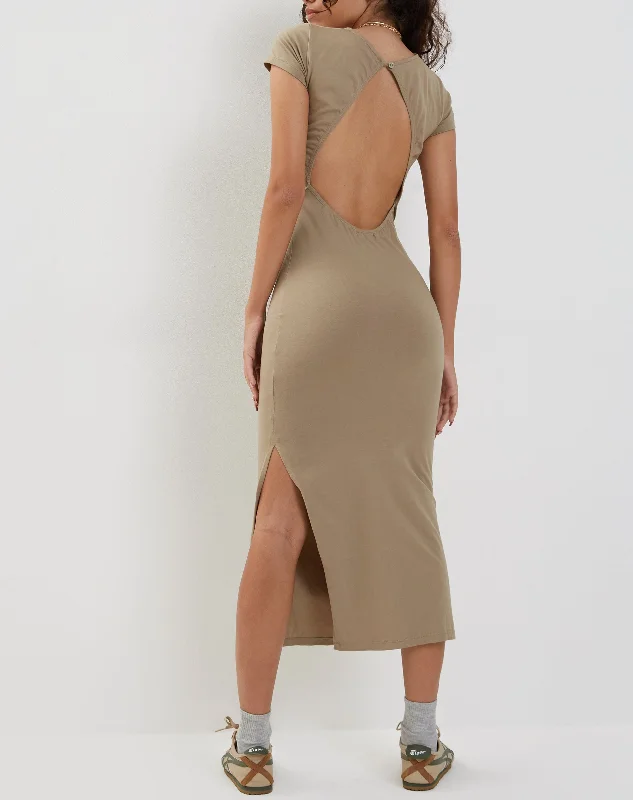 Modern fashion pieces designed for all women   Kasor Open Back Midi Dress in London Fog