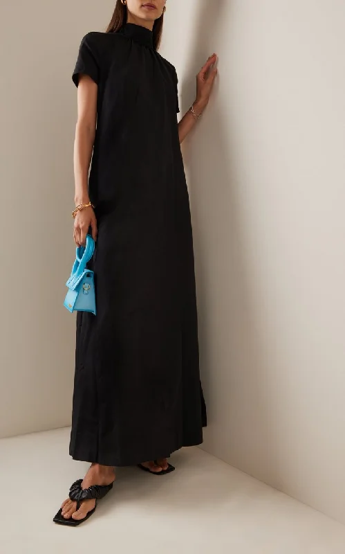 Clothing that’s as bold as you are   Staud Women Black Ilana Tie Back High Neck Short Sleeve Front Ruched Maxi Dress