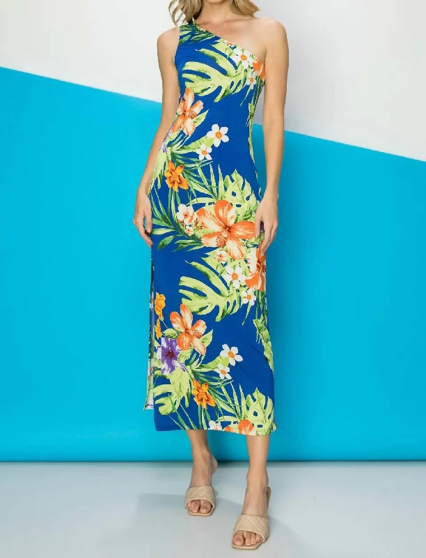 Effortlessly chic outfits for the modern woman   Tropical Printed One Shoulder Maxi Dress In Royal Blue
