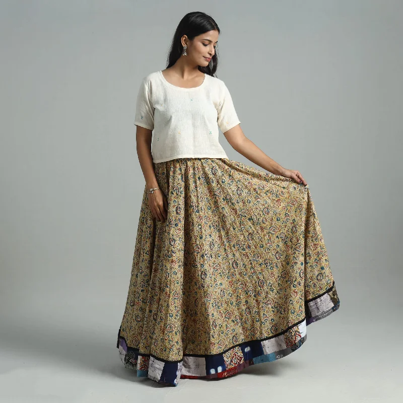 Yellow - Hand Block Printed Cotton Long Kalamkari Skirt 02