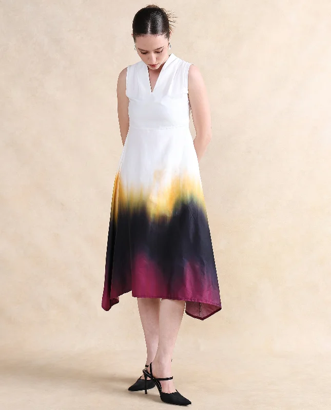 Fashionable clothing that fits every occasion   Rareism Women Armenian Multi Satin Sleeveless V-Neck Button Closure Flared Midi Ombre Print Dress
