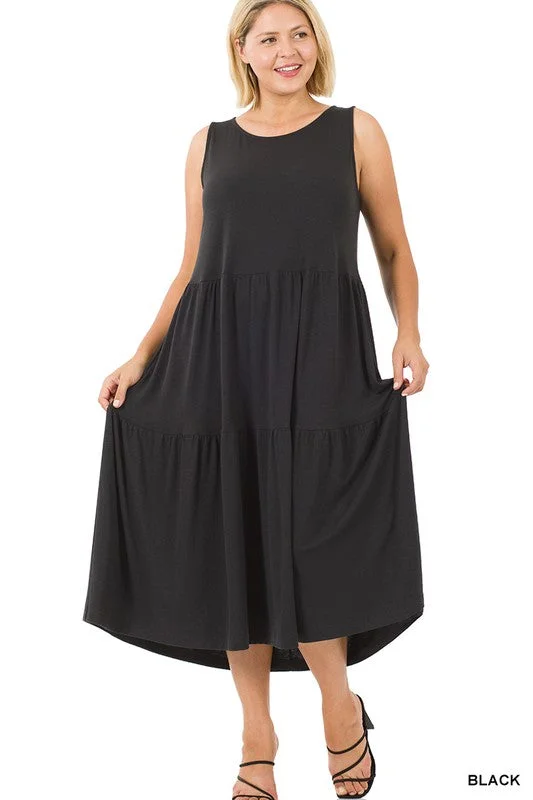 Bold, confident, and stylish women’s clothing   Plus Sleeveless Tiered Midi Dress