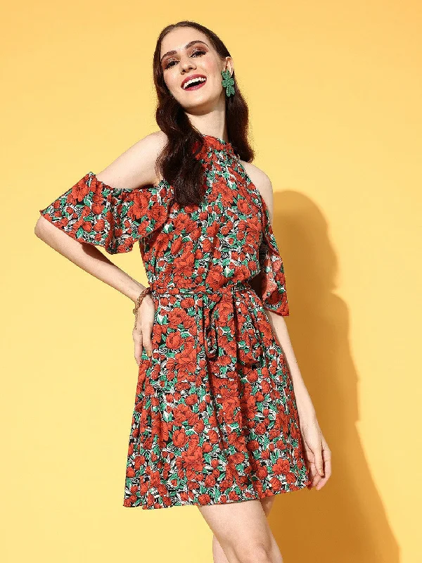 Bold and sophisticated looks for every woman   Berrylush Women Rust & Green Floral Printed Round Neck Cold-Shoulder A-Line Mini Dress